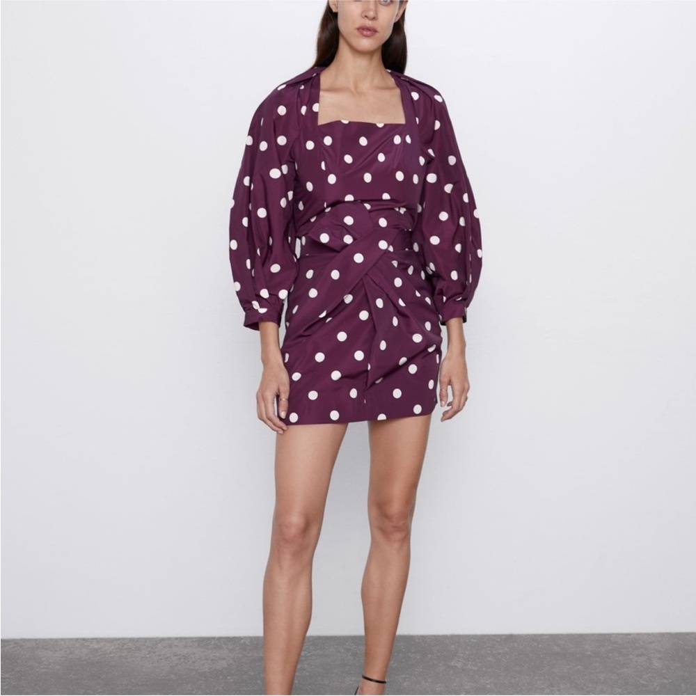 Zara Taffeta Polka Dot Eggplant Purple Top and Skirt matching set